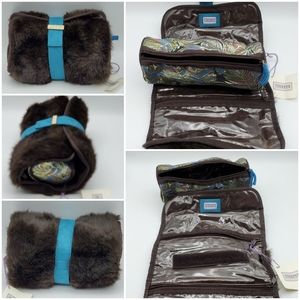 NWT Stephanie Johnson Suede Brown Faux Fur Rollout Cosmetic Bag Removable Pouch